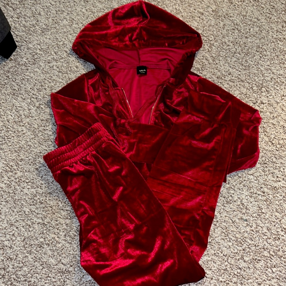 Two Piece red velour sweat suit.